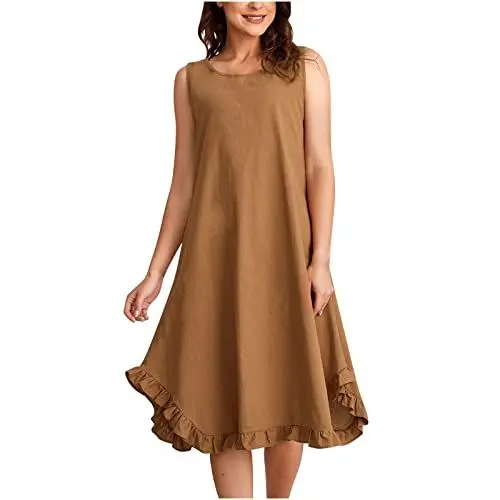 Produktbild: Generisch Leinenkleid Damen Sommerkleid Boho Kleid Freizeitkleid mit Taschen Ärmelloses Rundhalskleid Sexy Einfarbig Kleid Italienische Kleid Leicht Luftig Strandkleid Damen Sale Angebote Braun M