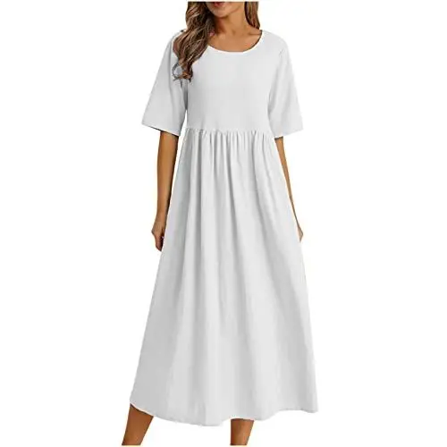 Produktbild: Generisch Leinenkleid Damen Sommerkleid Boho Kleid Lange Freizeitkleid Kurzarm Rundhalskleid Leinen Einfarbig Kleid Lässig Kleid Leicht und Luftig Strandkleider Damen Mode Sale Weiß XL