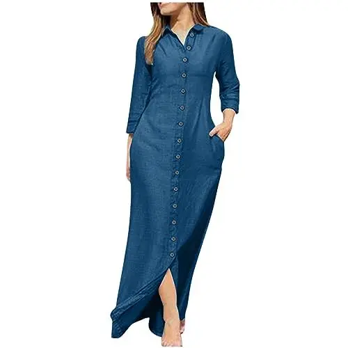 Produktbild: Generisch Leinenkleid Damen Tshirt Kleid Langarm Elegantes Kleid Freizeitkleid mit Tasten Rundhalskleid Einfarbige Kleid Hemdkleid Leinenkleider Abendkleid Deals of The Day Blau XXL