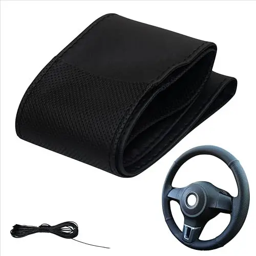 Produktbild: Generisch Lenkradbezug 4 Teilig Auto Lenkradhülle zum schnüren Nähen Sport Gepunktet M5N Schwarz Schwarz Naht Universalgrösse 37-39 cm