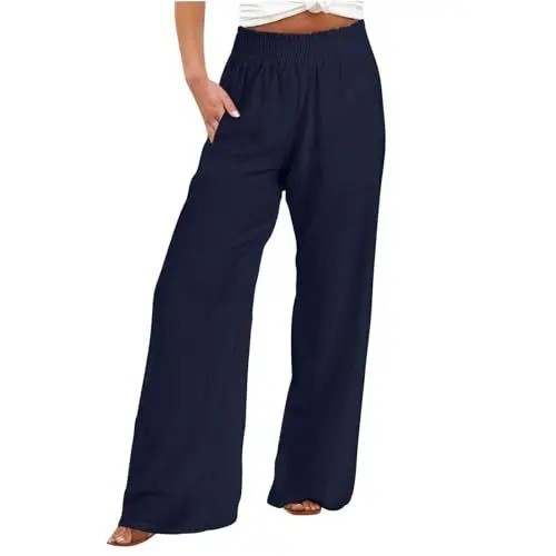 Produktbild: Generisch Luftige Sommerhose Damen Palazzo-Hose aus Leinen, weites Bein, hohe Taille, lässige Boho-Hose, Reise-/Urlaubs-Outfits Chino Hose Damen Leichte Sommerhose Damen 7/8 (Navy, XXXL)