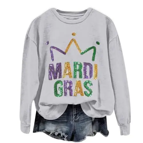 Produktbild: Generisch Mardi Sweatshirt Damen Karneval Pullover Muster T-Shirt Carnival Gift Karnevalskleidung Karneval Kostüm Outfit Damen Abend Club Oberteil (Grey, L)