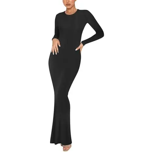Produktbild: Generisch Maxikleid Damen Elegant Curvy Langarm Kleider Damen Lang Sexy Eng Tunika Kleid Rundhalsausschnitt Lässig Kleid Frauen Frühling Winter Damenkleider gerippte Figurbetontes Einfarbig
