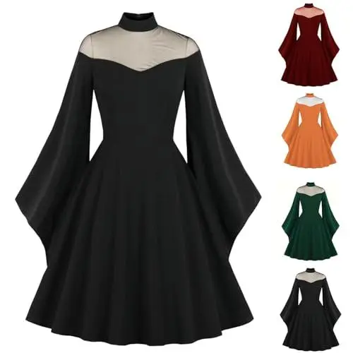 Produktbild: Generisch Mittelalter Kleid Damen Viktorianisches Retro Kleid Gothic Kleid 50er Jahre Kleider Damen Mittelalter Kleidung mit Trompetenärmel Hochzeitsgast Kleid The Discounter Schwarz XXL