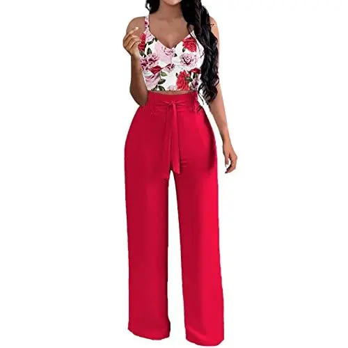 Produktbild: Generisch Mode und Frühling Floral bedrucktes 2-teiliges Set Damen Casual Outfit Jumpsuit Familie Set (Red, L)