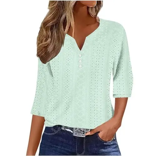 Produktbild: Generisch Musselin Bluse Damen Elegant Bluse Herbst T-Shirt 3/4 Arm V-Ausschnitt Hemd Elegant Trachtenbluse Leicht und Luftig Einfarbige Oberteile Baumwolle Bluseshirt Mintgrün L
