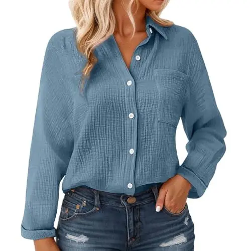 Produktbild: Generisch Musselin Bluse Damen Langarm Leinenbluse mit Taschen Revers Einreihige Leinenhemd Elegant Einfarbig Longshirt Weiche Baumwoll Langarmshirt für Frühling, Sommer und Herbst Button-Down Hemd