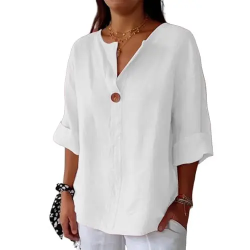 Produktbild: Generisch Musselin Bluse Damen Oversized Frauen Baumwolle Und Leinen Mode V-Ausschnitt 3/4 Ärmel Knopf Blusentops, Musselin Bluse Damen （Weiß，L）