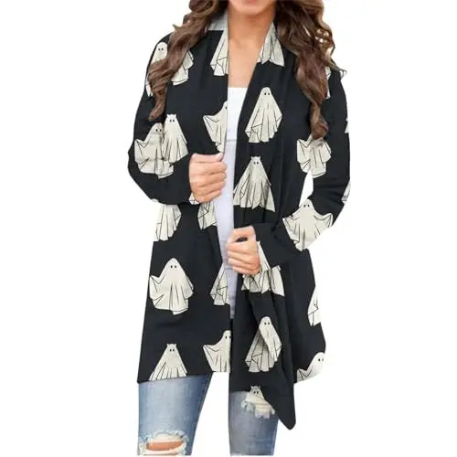 Produktbild: Generisch Must Haves Winter Jacke Damen Übergangsjacke Casual Halloween Party Strickjacke Mittellang Offene Vorderseite Strickpullover Tops Viskose Damen Pulli Jacken Damen Sale Winter