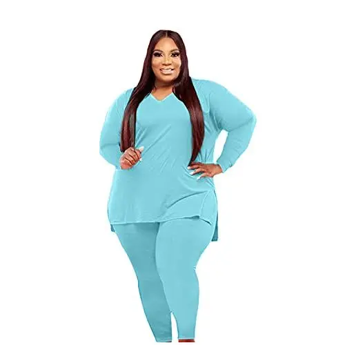 Produktbild: Generisch Nadelstreifen Anzug Damen in Übergröße, V-Ausschnitt, langärmelige Hose, lässig, weich, einfarbig Rot Damen Elegant (Sky Blue, XXXL)