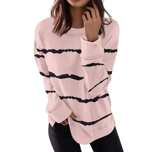 Produktbild: Generisch Neueste Herbstmode Damen 2024,Winter Outfit Damen Außergewöhnliche Langarmshirt, Casual Pullover, Lockeres Sweatshirt, Rundhalsausschnitt, Schlieren Freizeitoberteil （Beige，4X