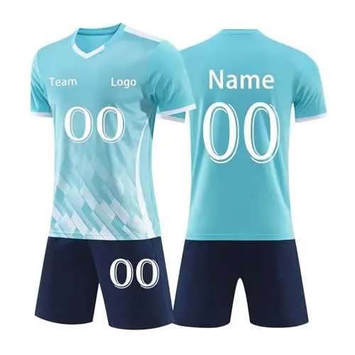 Produktbild: Generisch Personalisierte Fussball Trikot Set für Herren Und Kinder Fußball Trikots Selbst Gestalten Fußballtrikot Bedrucken Lassen Sportanzug Sport Fußballdress mit Name Nummer Team Logo Hellblau 150