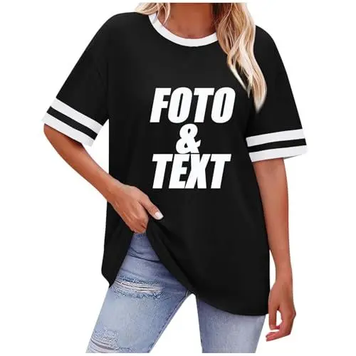 Produktbild: Generisch Personalisierte Tshirt Damen Longshirt Kurzarm Sommer T-Shirt Lang Selbst Gestalten T Shirts mit Foto Bedrucken Lassen Rundhals Tunika Mode Lose Oberteile mit Aufdruck Schwarz S