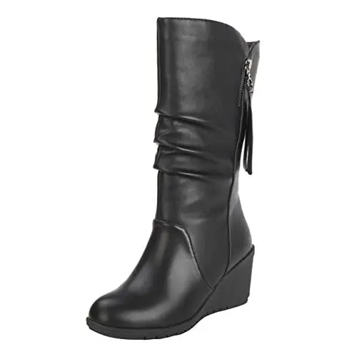 Produktbild: Generisch Plateau Stiefel Damen Regenstiefel Damen Stiefel Damen- und Winter- runde -Quadrat-Absatz-Weinlese-Zug-Keil-Ketten-Mid-Stiefel Boots Schwarz Damen Damen Sneaker Damen-Stiefel (Black, 40)