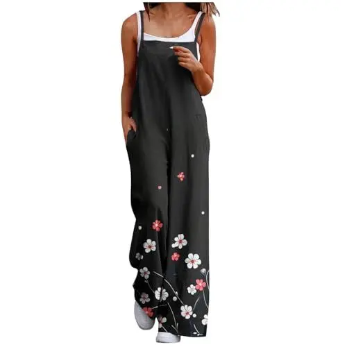 Produktbild: Generisch Plissee Hose Damen Jumpsuits Blumendruck Boho Overalls mit Lässiger weites Bein Baggy Strampler Urlaubsoutfits weich und bequem Stoffhose mit (Black, M)