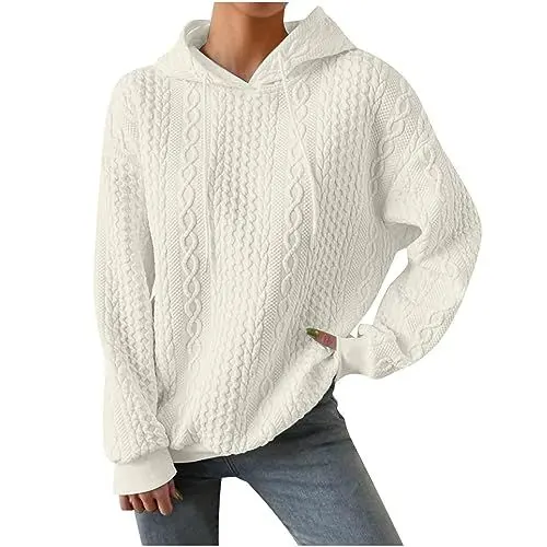 Produktbild: Generisch Pullover Damen Winter Strick Hoodie Damen Feinstrick Winterpullover Damen Warm Pulli Damen mit Kapuze Winterpulli Zopfmuster Kapuzenpullover Langarm Tunnelzug Strickpulli Winter