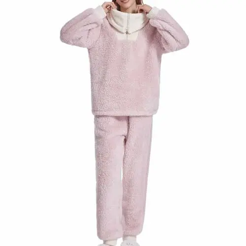 Produktbild: Generisch Pyjama Damen Lang Zweiteiler Loungewear Schlafanzug Damen Warme Fleece GefüTterte Lounge Set Langarm Oberteile NachtwäSche Kuschelig Flauschig Schlafanzughosen Winter Coupon Rosa XL