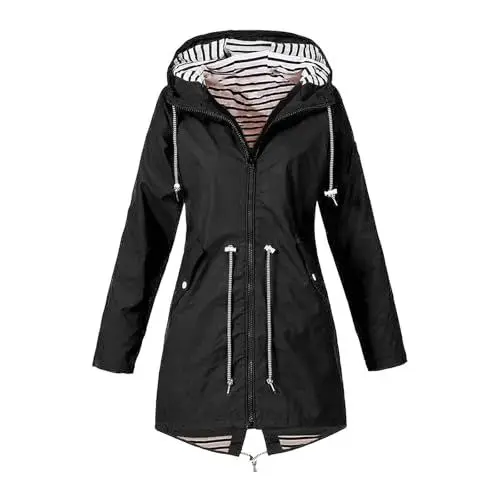 Produktbild: Regenjacke Frauen,Leichter Langarm-Regenmantel Outdoor Kapuze wasserdichte Jacke Windbreaker Zip Up TrenchMulti3XL