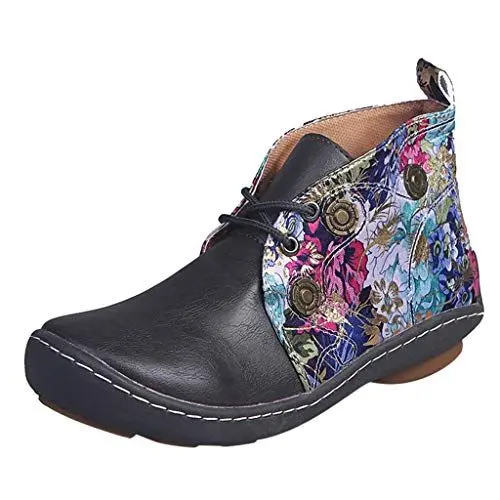 Produktbild: Generisch Retro-Damenleder Flache Lace-up Blumendruck Kurze Booties Runde Zehen Schuhe Stiefeletten Absatz Damen Schwarz (Grey, 39)