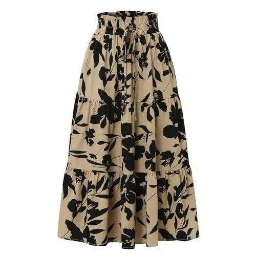 Produktbild: Generisch RöCke Damen Hohe Taille Sommerrock Elegant Midi Rock Leicht und Luftig Elastic Flowy Boho Strandrock (03-Khaki,XL)