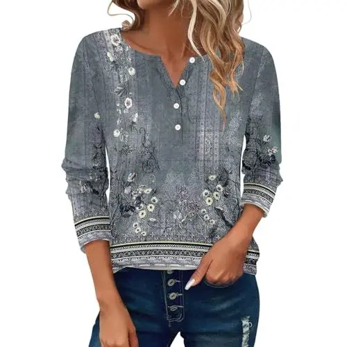 Produktbild: Generisch Sale Angebote Tshirt Damen, Blusen & Tuniken Für Damen, Langarm Tshirt Rundhals Mit Knopfleiste Oberteile Sommer Langarmshirt Tunika Pullover Sportshirt