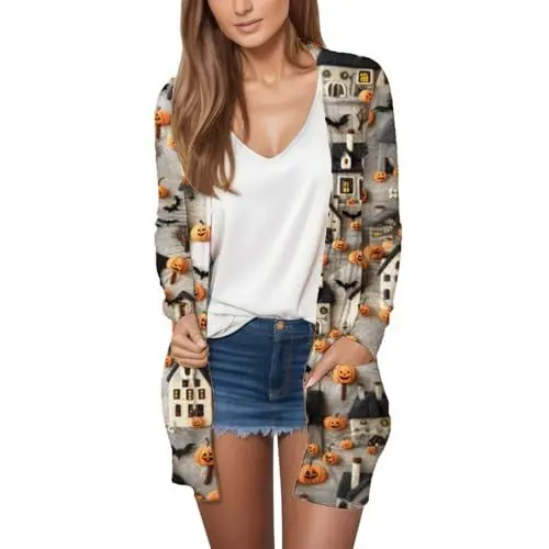 Produktbild: Generisch Sale Damen Bekleidung Damen Winterjacke Warm Herbstjacke Halloween-Print 2025, Strickjacke Mit Offener Vorderseite, Mittellanger Mantel S. Strickjacke Damen Damen Jacke Frühling Sale