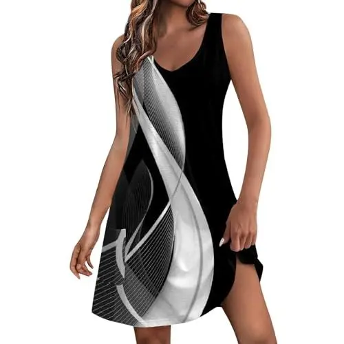 Produktbild: Generisch Schicke Sommerkleider Knielang,Elegante Kleider Für Ältere Frauen Damen Sommerkleid V-Ausschnitt Freizeitkleid Ärmellos Mit Taschen, Lockeres Strandkleid, Lässiges Minikleid （Schwarz，M）