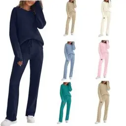 Produktbild: Generisch Schlafanzug Damen Zweiteiler Loungewear Set Fleece Pyjama Set Rundhals Oberteil Schlafanzughose Winter Hausanzug Flauschig Freizeitanzug Homewear NachtwäSche Outfit Damen Sale Marineblau 5XL