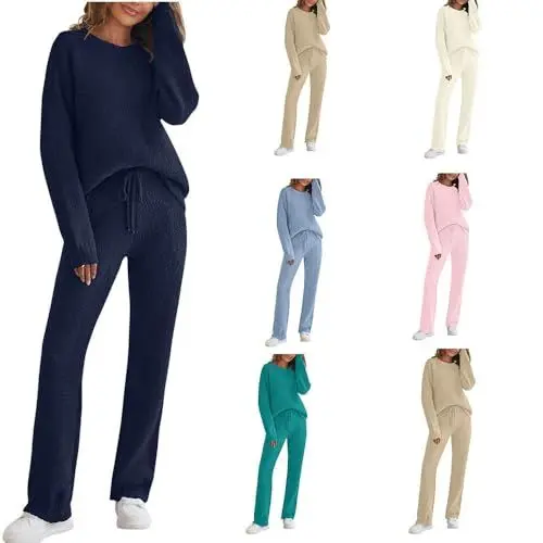 Produktbild: Generisch Schlafanzug Damen Zweiteiler Loungewear Set Fleece Pyjama Set Rundhals Oberteil Schlafanzughose Winter Hausanzug Flauschig Freizeitanzug Homewear NachtwäSche Outfit Damen Sale Marineblau 5XL