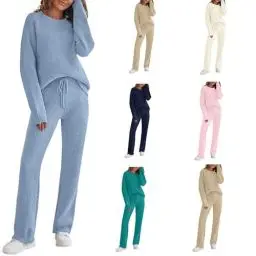 Produktbild: Generisch Schlafanzug Damen Zweiteiler Loungewear Set Fleece Pyjama Set Rundhals Oberteil Schlafanzughose Winter Hausanzug Flauschig Freizeitanzug Homewear Warme NachtwäSche Outfit Gutschein Blau M