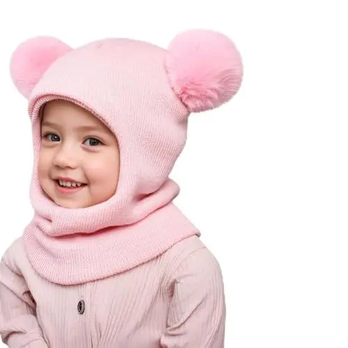 Produktbild: Generisch Schlupfmütze Schalmütze Mütze und Schal Kinder Set Wintermütze Baby Mädchen Junge Strickmütze mit Bommel Fleecefutter Beanie für 2-7 Jahre Alt Baby