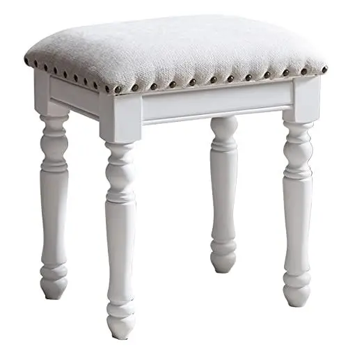 Produktbild: Generisch Schminkhocker, weiße Klavierbank, Heimhocker, Schminkhocker, Schminktischhocker, Gummiholz mit konkavem Sitz, Schlafzimmer-Polsterhocker (Farbe: weiße Beine)