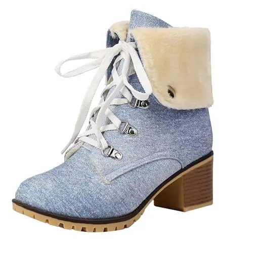 Produktbild: Generisch Schuhe Damen Wasserdicht Schneeschuhe Autumn And Winter High Heeled Warm Low Boots Short Boots Female Damen Stiefel Schwarz Stiefel Dicke Waden (Blue, 39)
