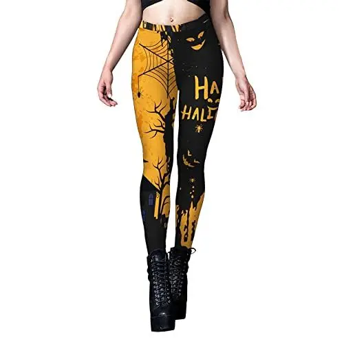 Produktbild: Generisch Schwarze Stoffhose Damen Unter 20 Hose Damen Hosen Frauen-Halloween-Druck-Taillen-Druck-Yoga-Hosen-Gamaschen-Gamaschen Wollhose Damen Elegant Lockere Hose Damen Hosen (Orange, S)