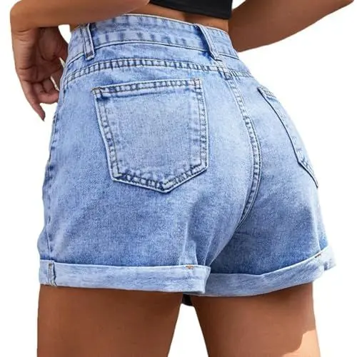 Produktbild: Generisch Shorts Damen Jeans Kurz Hose Denim High Waisted Ripped Stretchy Kurz Sommerhose Hot Pants Distressed Hem Jeansshorts Blaumann Jeanshosen