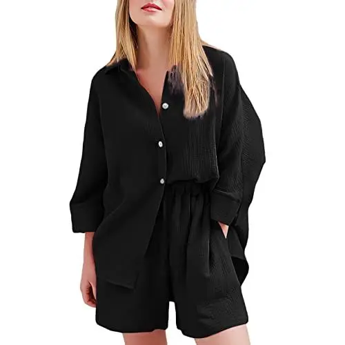 Produktbild: Generisch Shorts Set Dünne Lässige Bordüre Crepe Homewear Pyjamas Baumwolle Oberbekleidung Damen Spitzen Top Bauchfrei (Black, XL)