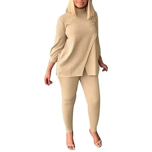 Produktbild: Generisch Solid Suit Unregelmäßiges Spleißen Stehkragen Shirt Top Enge Bleistifthose Lässige Hosenanzüge Hosenanzug Damen Festlich Elegant Blau (Khaki, M)