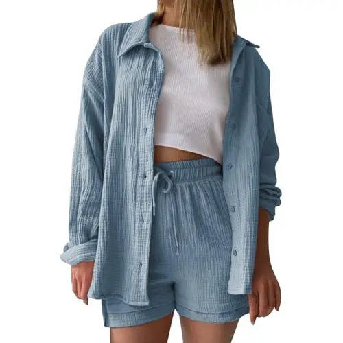 Produktbild: Generisch Sommer Outfits Damen Zweiteiler Sommer Kurzarm Musselin Bluse Hemd und Shorts Freizeitanzug Damen Elegant Kurz Set Women Aesthetic 2 Teiliges Strand Outfit Blau XXL