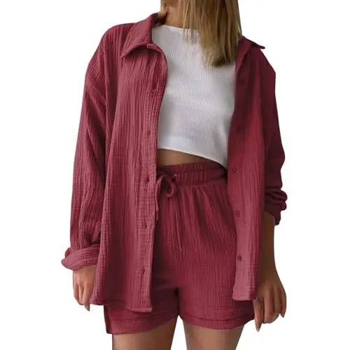 Produktbild: Generisch Sommer Outfits Damen Zweiteiler Sommer Kurzarm Musselin Bluse Hemd und Shorts Freizeitanzug Damen Elegant Kurz Set Women Aesthetic 2 Teiliges Strand Outfit Wein S