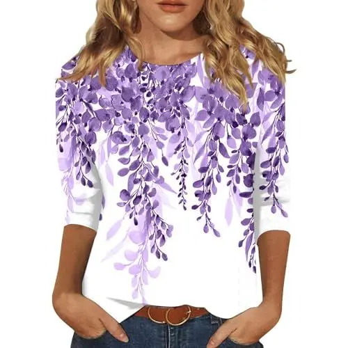 Produktbild: Generisch Sommer Tshirt Damen Oberteile Damen Bluse 3/4 Arm Tops Elegant T-Shirt Rundhals Blumenmuster Druck Mode Damenblusen 01-Lila 5XL