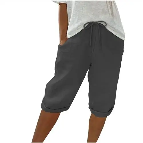 Produktbild: Generisch Sommerhose Damen Lässig Knielang mit Tunnelzug Kurze Hose Leicht Baumwolle Leinenhose Sommer Shorts Hohe Taille Caprihose Einfarbig Strandhose Stoffhose Pants Outlet Angebote Dunkelgrau L