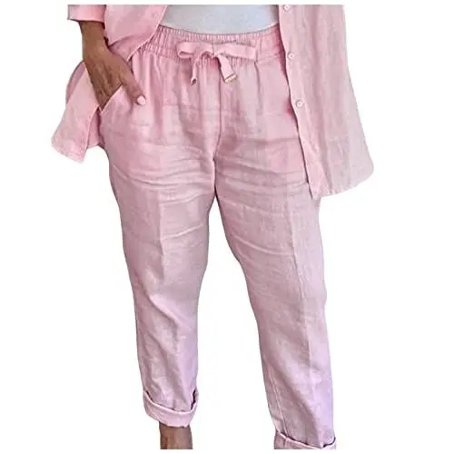 Produktbild: Generisch Sommerhosen Damen leicht und luftig große größen Stoffhose Damen high Waist gestreifte Leinenhose Damen pink Stoffhose Damen weites Bein pink Damen yogahose Capri