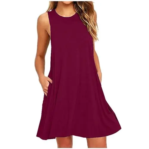 Produktbild: KOG Gutscheine Sommerkleider Damen Sommerkleid Mode Boho Kleid Einfarbige Frau Leicht Kleider Weißes Umstandskleidung Umstandskleid Baumwolle Brautmutterkleider Gutschein Wein L