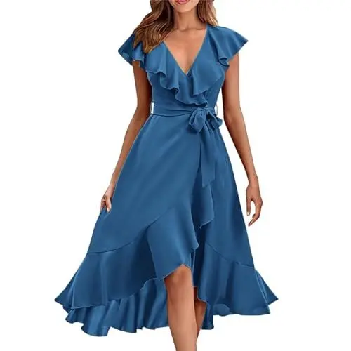 Produktbild: Generisch Sommerkleid Damen Lang Elegant Kleider Vorne Kurz Hinten Lang Sommerkleider Damen Leicht Und Luftig Wickelkleid V Ausschnitt Damenkleider Rüschen Kurzarm Volantkleider Frauen mit Gürtel