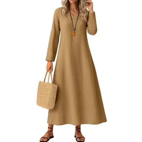 Produktbild: Generisch Sommerkleid Damen Lang, Frauen Langkleid in Schlichtes V-Ausschnitt mit 3/4 Ärmeln Maxikleid Lockeres, Sommerkleid Damen Leicht