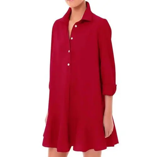 Produktbild: Generisch Sommerkleid Damen Lang mit Ärmeln Damenkleider mit Knopfleiste Sommerkleid Damen Kurz Elegant Kleider Leicht Hemdkleid Rüschen Minikleider Casual mit Kragen Volant-Kleid Locker Mini