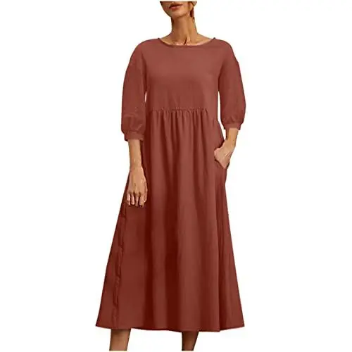 Produktbild: Generisch Sommerkleid Damen Leinenkleid Boho Kleid Elegant Kleid Freizeitkleid mit Taschen Halbarm Rundhalskleid Leinen Einfarbig Kleid Leicht und Luftig Strandkleider Warehouse Deal Rot XXL