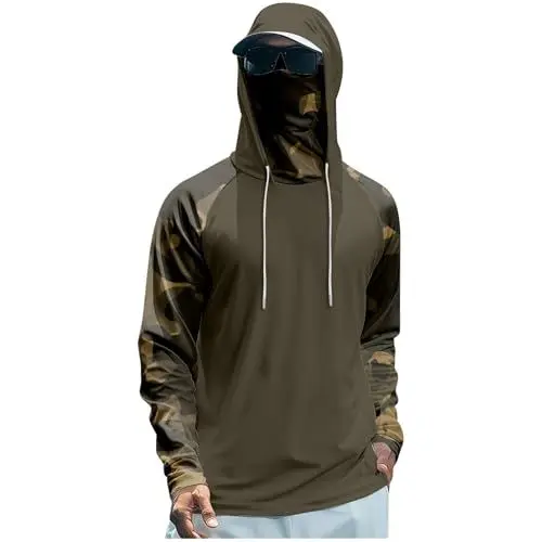 Produktbild: Generisch Sonnenschutz Hoodie Herren UPF 50+ UV Schutz Neck Gaiter Kapuzenpullover Atmungsaktives Funktionsshirt Rashguard Dry Fit Langarm T-Shirt mit Maske Braun M