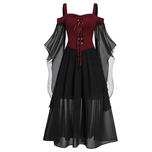 Produktbild: Generisch Spitze Karneval-Frauen-Shoulder Plus Kleidergröße Frauen verkleiden Sich kalt Mittelalterliche Kleider Für Damen Schwarz (Red, XXXL)