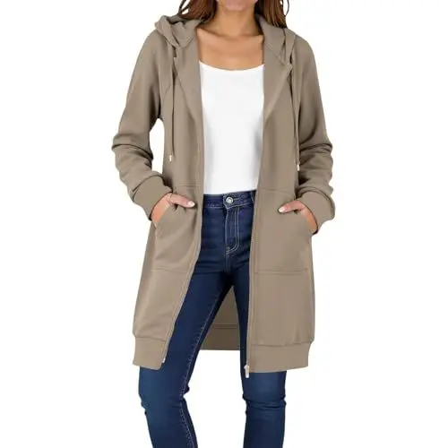 Produktbild: Generisch Sportjacke Damen Full-Zip Hoodie Oversized Sweatjackes Einfarbig Zip Up Kapuzenpullovermode Lange Sweatjacke Outwear Langen Mantel Jacke Übergangsjacke Mit Kapuze 01-Khaki M